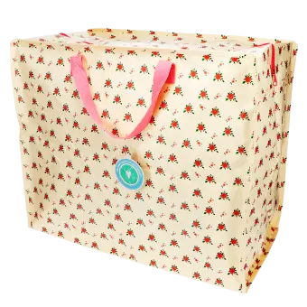 large rectangular storage bag with a floral print