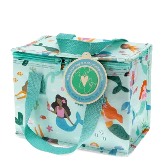 Insulated lunch bag decorated with colourful mermaids and featuring a tag