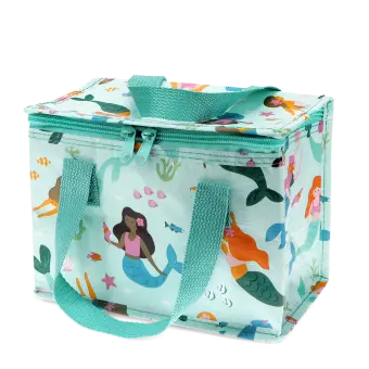 insulated lunch bag decorated with colourful mermaids