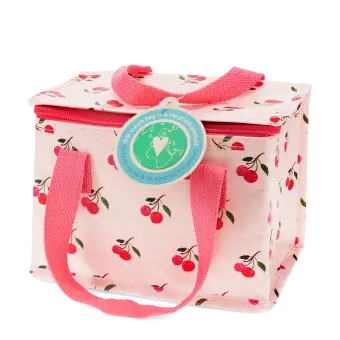 Insulated lunch bag decorated with cherry pattern on a light pink background and featuring a tag
