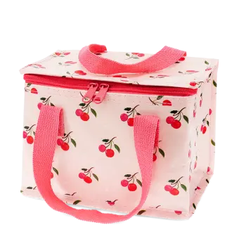 Insulated lunch bag decorated with cherry pattern on a light pink background 