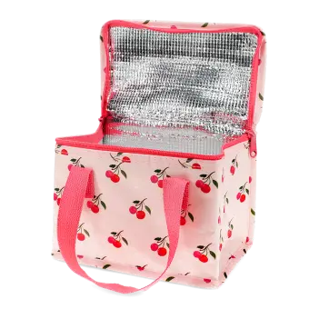Insulated lunch bag decorated with cherry pattern on a light pink background and a zip opening