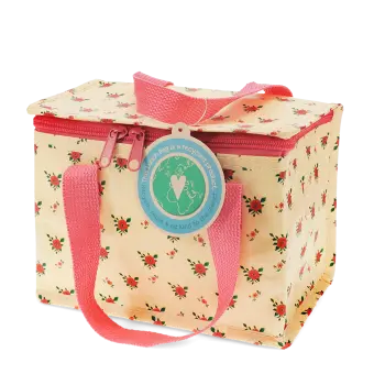 Insulated lunch bag decorated with a floral pattern and featuring a tag