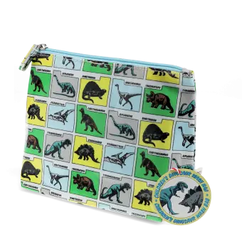 children wash bag with zip featuring various dinosaurs print with tag