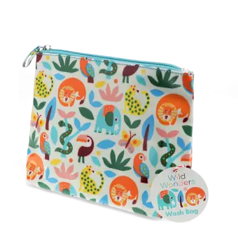 children wash bag with zip featuring wild animals print with tag
