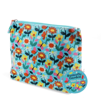 children wash bag with zip featuring butterfly and flowers print with tag