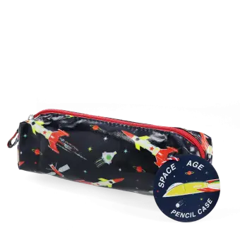 pencil case in space age print with tag