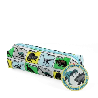 pencil case featuring various dinosaurs print with tag