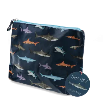 children wash bag featuring various kind of sharks print with tag