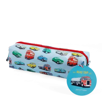 pencil case featuring various vehicles in different colour print with tag 