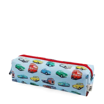 pencil case featuring various vehicles in different colour print with zip