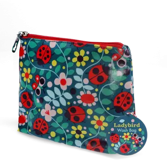 children wash bag with zip featuring ladybird and flowers print with tag