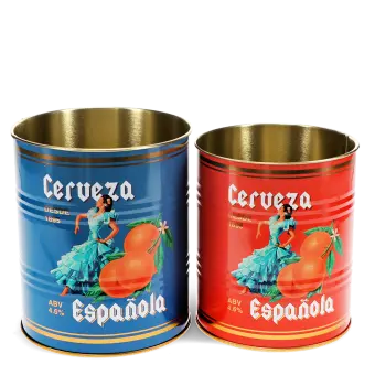 Two cylindrical storage tins, one blue and one red, featuring a vintage-style design with a woman in a traditional Spanish dress