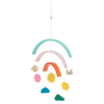 Colourful mobile featuring birds, flower, sun, and clouds