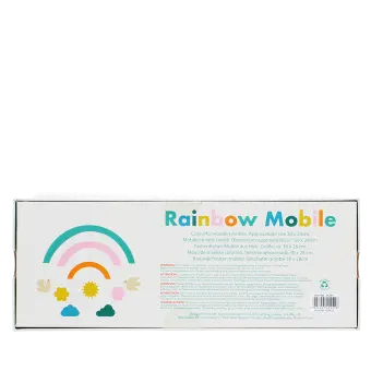 Back of rainbow mobile packaging showing multilingual safety warnings and product details