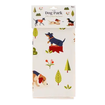 Cotton tea towel featuring an illustration of various dog breeds in a packaging
