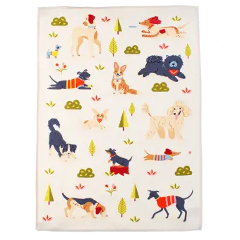 Cotton tea towel featuring an illustration of various dog breeds in playful poses