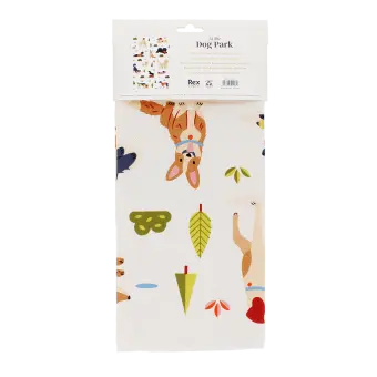 Cotton tea towel featuring an illustration of various dog breeds in a packaging