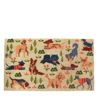 Colourful doormat featuring various dogs in different poses and colors 