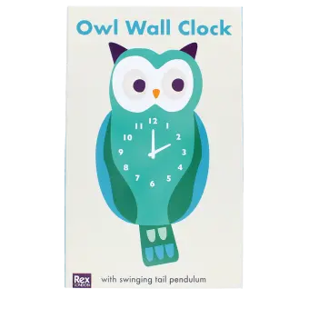 owl-shaped wooden clock with white numbered dial and clock hands in a packaging box