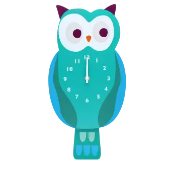 owl-shaped wooden clock with white numbered dial and clock hands
