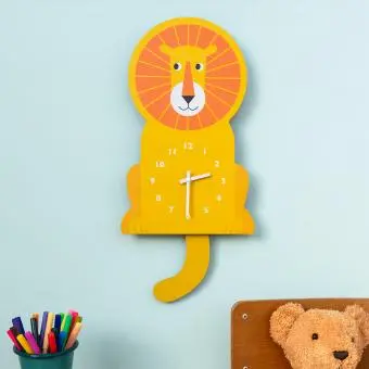 Yellow lion-shaped wooden wall clock featuring a white numbered dial with clock hands and a tail