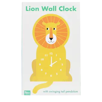 Yellow lion-shaped wooden wall clock featuring a white numbered dial with clock hands and a tail in a packaging box