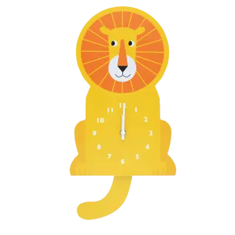 Yellow lion-shaped wooden wall clock featuring a white numbered dial with clock hands and a tail