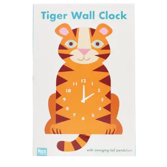 Tiger-shaped wooden wall clock in orange, featuring a white numbered dial with clock hands and a tail in packaging box