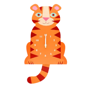 Tiger-shaped wooden wall clock in orange, featuring a white numbered dial with clock hands and a tail