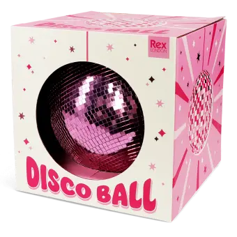Pink disco ball inside a packaging labelled "DISCO BALL" in bold pink letters