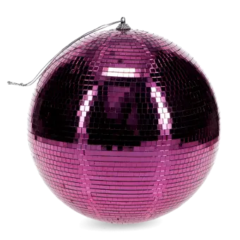Large disco ball covered in reflective pink tiles, with a string attached at the top for hanging.