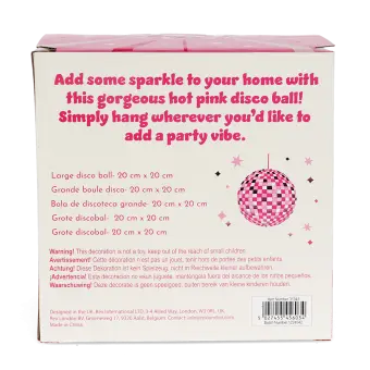 Back of the disco ball packaging shown with multilingual packaging and a warning label