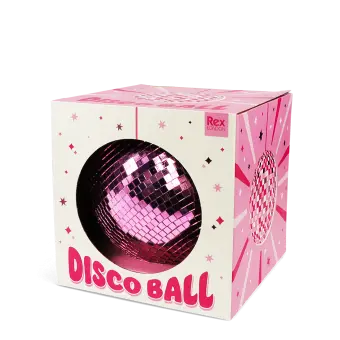 Pink disco ball inside a packaging labelled "DISCO BALL" in bold pink letters