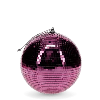 disco ball covered in reflective pink tiles, with a string attached at the top for hanging.