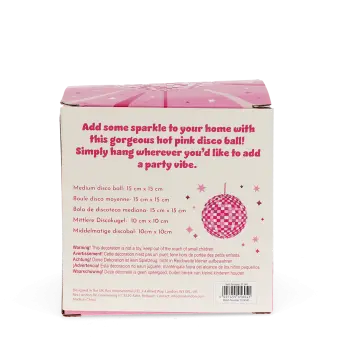Back of the disco ball packaging shown with multilingual packaging and a warning label