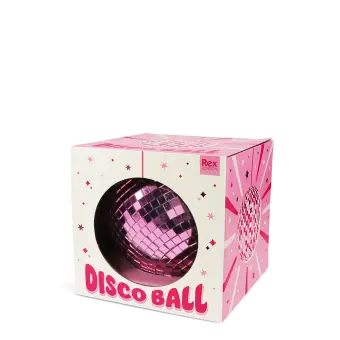Pink disco ball inside a packaging labelled "DISCO BALL" in bold pink letters