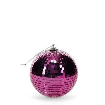 small disco ball covered in reflective pink tiles, with a string attached at the top for hanging.