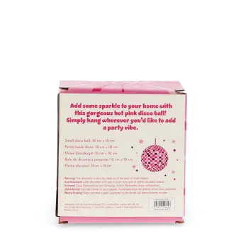 Back of the disco ball packaging shown with multilingual packaging and a warning label