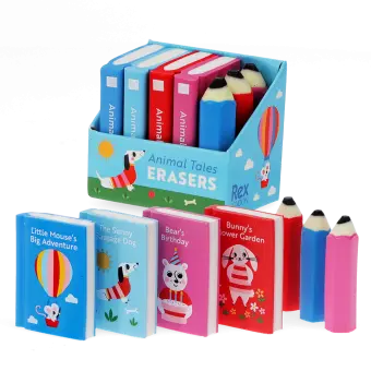 Set of erasers shaped like miniature books and pencils
