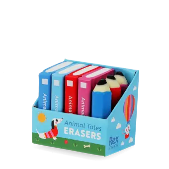 Set of erasers shaped like miniature books and pencils