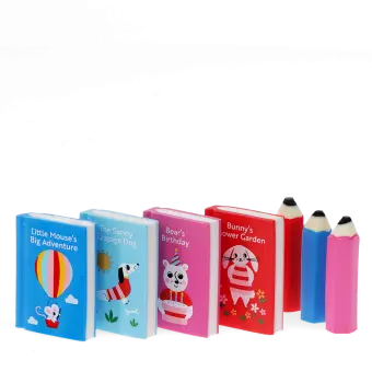 Set of erasers shaped like miniature books and pencils