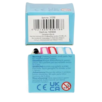 Packaging of book and pencil-shaped erasers with multilingual safety warnings 