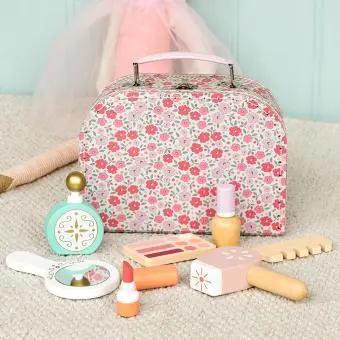 wooden makeup case with showing mirror, perfume bottle, lipstick and comb