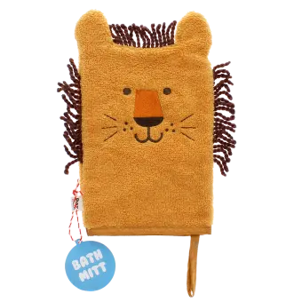 bath mitt shaped like a lion with brown yarn in orange with tag