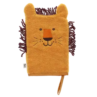 bath mitt shaped like a lion with brown yarn in orange 