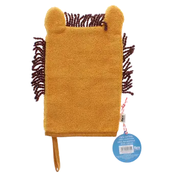 back of bath mitt in orange with tag showing barcode 