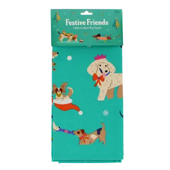 cotton tea towel featuring festive dog print in a packaging