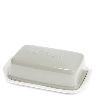 Rectangular butter dish with grey lid embossed with the word 'BUTTER