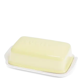 Rectangular butter dish with yellow lid embossed with the word 'BUTTER